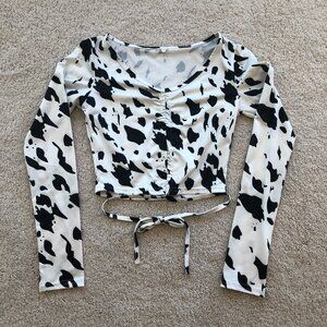 Cow-Print Wrap Strap Crop Long-Sleeve Stretch Top Shirt Blouse